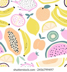 Patrón sin costuras de frutas tropicales en estilo dibujado a mano. Fondo para decoración de cocina, papel, cubierta, diseño textil.