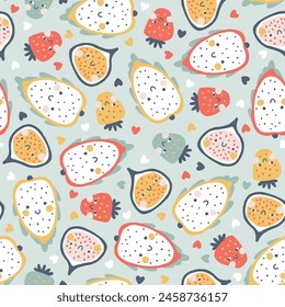 Patrón sin fisuras de Fruta Tropical con corazones. Fondo infantil de dibujos animados de Vector con personajes de frutas sonrientes lindos en un estilo simple dibujado a mano. Colores pastel Perfecto para la impresión de telas, ropa
