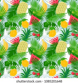 Tropical fruit seamless pattern with jungle leaves floral background.  
Watermelon slice, pineapple, lemon, banana and cherry pattern with palm leaf.
