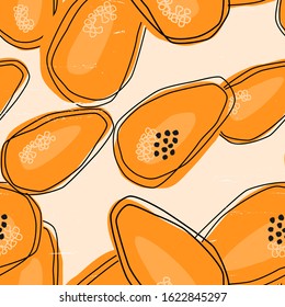 Tropical fruit seamless pattern with papaya and seeds graphic for textile print, kitchen fabric or wrapping paper.