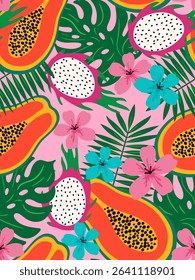 tropical fruit seamless pattern with papaya, dragon fruit, palm leaves and flowers on pink background for summer textile, wrapping paper, fabric and decor