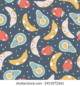 Tropical Fruit seamless pattern with polka dots. Vector cartoon childish background with cute smiling fruit characters in simple hand-drawn style. Pastel colors Perfect for printing fabrics, clothes