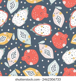 Patrón sin fisuras de Fruta Tropical con lunares. Fondo infantil de dibujos animados de Vector con personajes de frutas sonrientes lindos en un estilo simple dibujado a mano. Colores pastel Perfecto para la impresión de telas, ropa