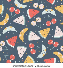 Tropical Fruit seamless pattern with polka dots. Vector cartoon childish background with cute smiling fruit characters in simple hand-drawn style. Pastel colors Perfect for printing fabrics, clothes