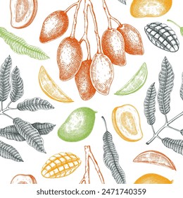 Tropical fruit seamless pattern. Ripe mango sketch in color. Hand-drawn vector illustration. Exotic plant background. NOT AI generated
