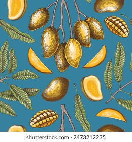 Tropical fruit seamless pattern. Ripe mango sketch. Hand-drawn vector illustration. Exotic plant background. Collage style design. NOT AI generated