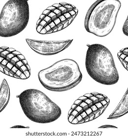 Tropical fruit seamless pattern. Ripe mango sketch. Hand-drawn vector illustration. Exotic plant background, texture, textile design. NOT AI generated