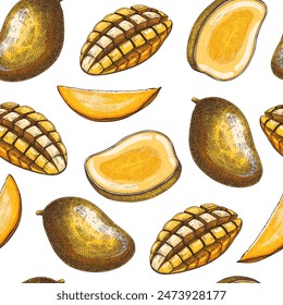Patrón sin fisuras de frutas tropicales. Boceto de mango maduro. Ilustración vectorial dibujada a mano. Fondo de planta exótica, textura, diseño textil. NO AI generado
