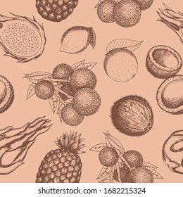 Tropical fruit seamless pattern. Sketchy style hand drawn vector trace. Duotine illustration 70s retro vintage design. Exotic fruits litchi pineapple orange coconut pitaya citrus. Peachy background. 