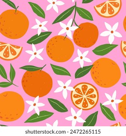 Patrón sin fisuras de frutas tropicales. Fondo de verano de moda con naranjas, flores y hojas. Diseño moderno para papel, cubierta, tela. Ilustración vectorial.