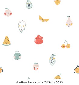 Tropical fruit seamless pattern. Vector cartoon minimalistic background with cute smiling fruit characters in simple hand drawn style. Pastel colors on a white background for kids