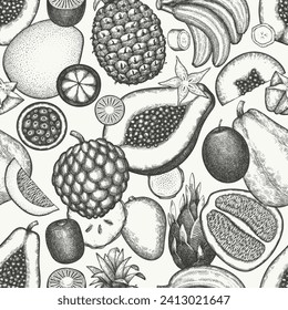 Tropical Fruit Seamless Pattern. Vector Hand Drawn Exotic Fruit Background. Vintage Style Menu Illustration.