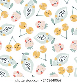 Tropical Fruit seamless pattern. Vector cartoon childish background with cute smiling fruit characters in simple hand-drawn style. Pastel colors on a white background