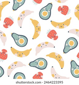 Tropical Fruit seamless pattern. Vector cartoon childish background with cute smiling fruit characters in simple hand-drawn style. Pastel colors on a white background