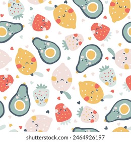 Tropical Fruit seamless pattern. Vector cartoon childich background with cute smiling fruit characters in simple hand-drawn style. Pastel colors on a white background with polka dots hearts