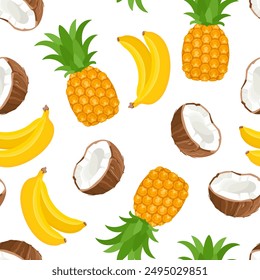 Tropical fruit seamless pattern. Vector cartoon flat background with coconut, pineapple and banana.