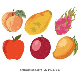 Conjunto de frutas tropicales. Obra de arte de frutas para camiseta y póster. Manzana fresca, mango, dragón, papaya, obra de arte de la fruta de la pasión.