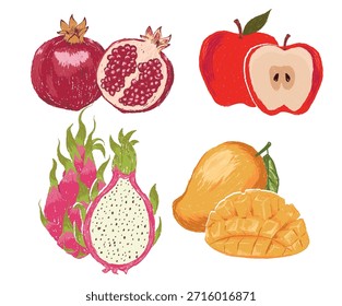 Conjunto de frutas tropicales. Obra de arte de frutas para camiseta y póster. Obra de arte de manzana fresca, mango, dragón y granada.