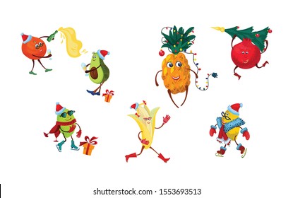 tropical fruit set. Pineapple, lemon, lime, pomegranate, banana, mandarin, avocado in a Santa Claus hat with gifts, celebrate New Year, Christmas. Isolated image on a white background. Vector.