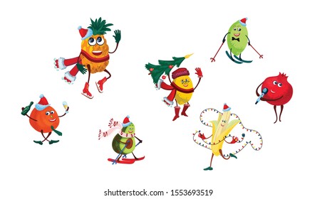 tropical fruit set. Pineapple, lemon, lime, pomegranate, banana, mandarin, avocado in a Santa Claus hat with gifts, celebrate New Year, Christmas. Isolated image on a white background. Vector.