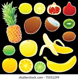 Tropical fruit set with white outlines on black. Each in separated layer, vector illustration
