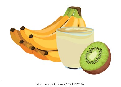 tropical fruit and smoothie drink with banana cluster and kiwi icon cartoon vector illustration graphic design