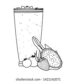 tropical fruit and smoothie drink with bluberries, strawberry and pitahaya icon cartoon in black and white vector illustration graphic design