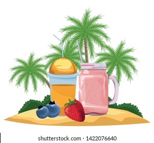 tropical fruit and smoothie drink with bluberries and strawberry icon cartoon over the beach with palms vector illustration graphic design