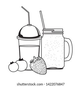 tropical fruit and smoothie drink with bluberries and strawberry icon cartoon in black and white