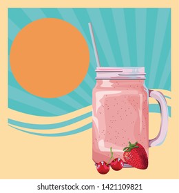 tropical fruit and smoothie drink with cherries and strawberry icon cartoon in flat sunny landscape vector illustration graphic design