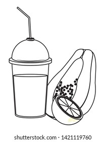 tropical fruit and smoothie drink with orange and papaya icon cartoon in black and white vector illustration graphic design