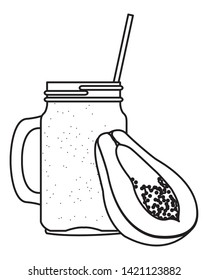 tropical fruit and smoothie drink with papaya icon cartoon in black and white vector illustration graphic design