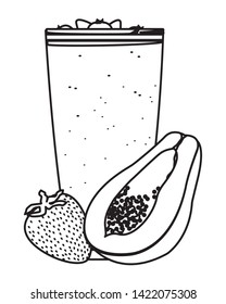 tropical fruit and smoothie drink with papaya and strawberry icon cartoon in black and white vector illustration graphic design