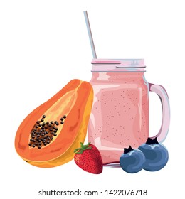 tropical fruit and smoothie drink with papaya, bluberries and strawberry icon cartoon vector illustration graphic design