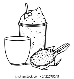 tropical fruit and smoothie drink with pitahaya icon cartoon in black and white vector illustration graphic design