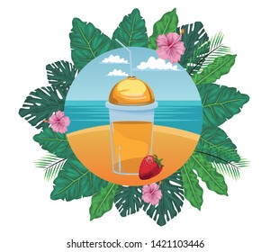 tropical fruit and smoothie drink with strawberry icon cartoon in round icon with leaves in the frame and seascape vector illustration graphic design