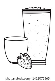 tropical fruit and smoothie drink with strawberry icon cartoon in black and white vector illustration graphic design