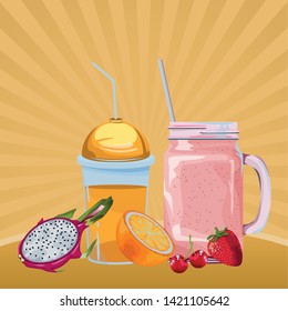 tropical fruit and smoothie drinks with cherries, orange, strawberry and pitahaya icon cartoon in pop art background vector illustration graphic design