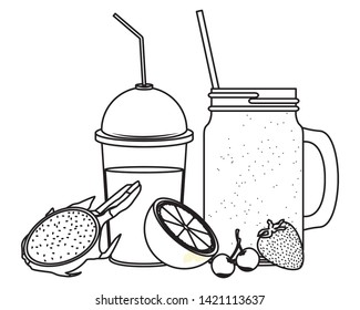 tropical fruit and smoothie drinks with cherries, orange, strawberry and pitahaya icon cartoon in black and white vector illustration graphic design