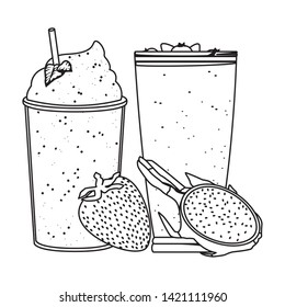 tropical fruit and smoothie drinks with strawberry and pitahaya icon cartoon in black and white vector illustration graphic design