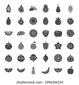Tropical Fruit Solid Web Icons. Vector Set of Exotic Glyphs.