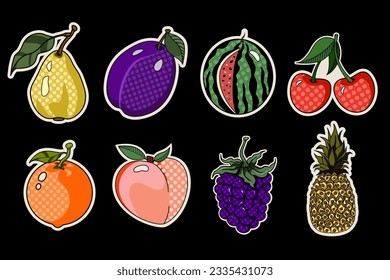 Tropical Fruit Stickers. Vector illustration retro set of summer fruits. Blackberry, cherry, watermelon, pear, orange, pineapple, plum, grape, peach stickers. 