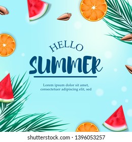 Tropical fruit summer watermelon and orange from top view square banner poster template