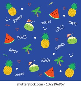 Tropical Fruit in Summer , Watermelon , pineapple , coconut pattern, Vector illustration 