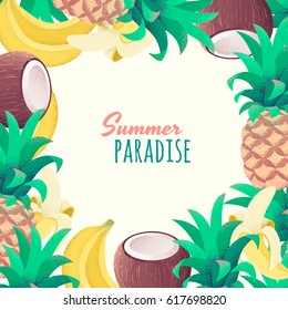 Tropical fruit template with bananas, pineapples, coconuts. Retro vector illustration. Place for your text. Design for invitation, card, poster, banner, flyer