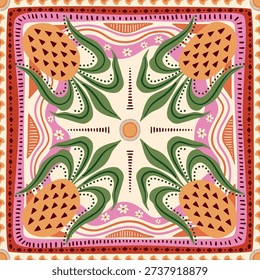 Tropical fruit tile, scarf, square seamless pattern with pineapple, floral geometric elements, waves, stripes, ethnic ornament, summer vacation print. Vector background, textile design, wallpaper.