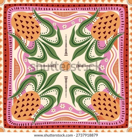 Tropical fruit tile, scarf, square seamless pattern with pineapple, floral geometric elements, waves, stripes, ethnic ornament, summer vacation print. Vector background, textile design, wallpaper.