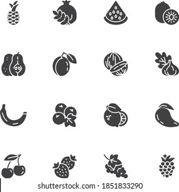 Tropical fruit vector icons set, modern solid symbol collection, filled style pictogram pack. Signs, logo illustration. Set includes icons as pineapple, kiwi, pomegranate, banana, watermelon, grape