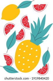 Tropical fruit vector illustration set. Abstract cartoon pineapple, lemon, citrus print for your design. 