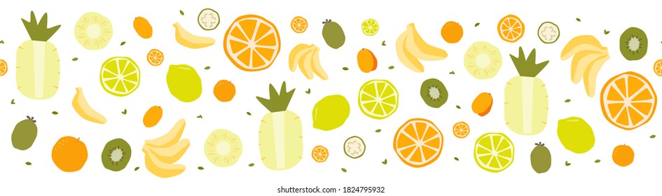 Tropical fruit vector seamless border for towel, table runner, tablecloth print. Modern exotic vegan food, lemon, citrus, kumquat; orange, feijoa, kiwifruit slices styled as repeat design.